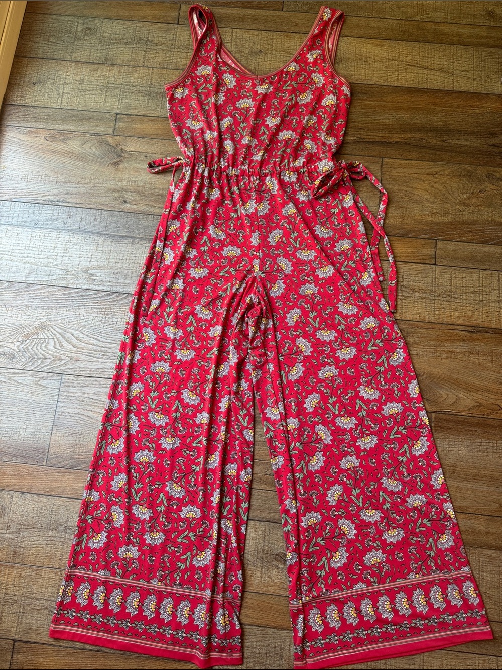 Max Studio Red Floral Tie-Waist Wide-Leg Jumpsuit